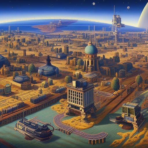Pixel Art City on the Moon: Dieselpunk Retro Game