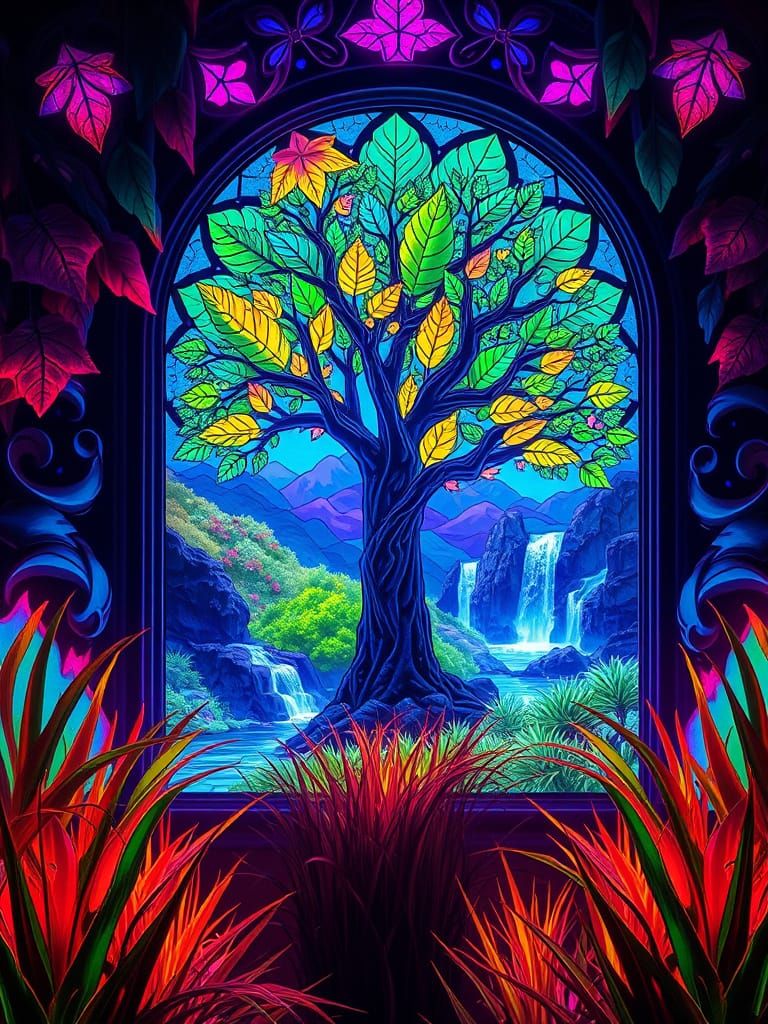 Kaleidoscopic Stained Glass in a Surreal Dreamscape