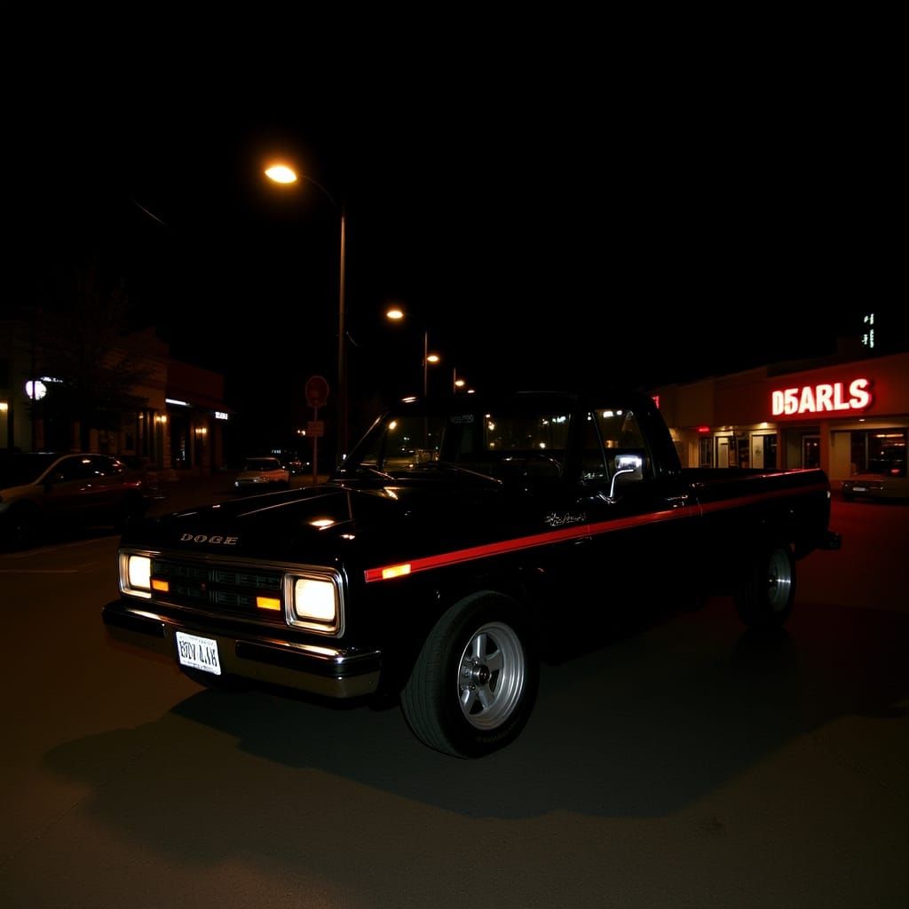 1989 Dodge D100 Convertible Truck at Night