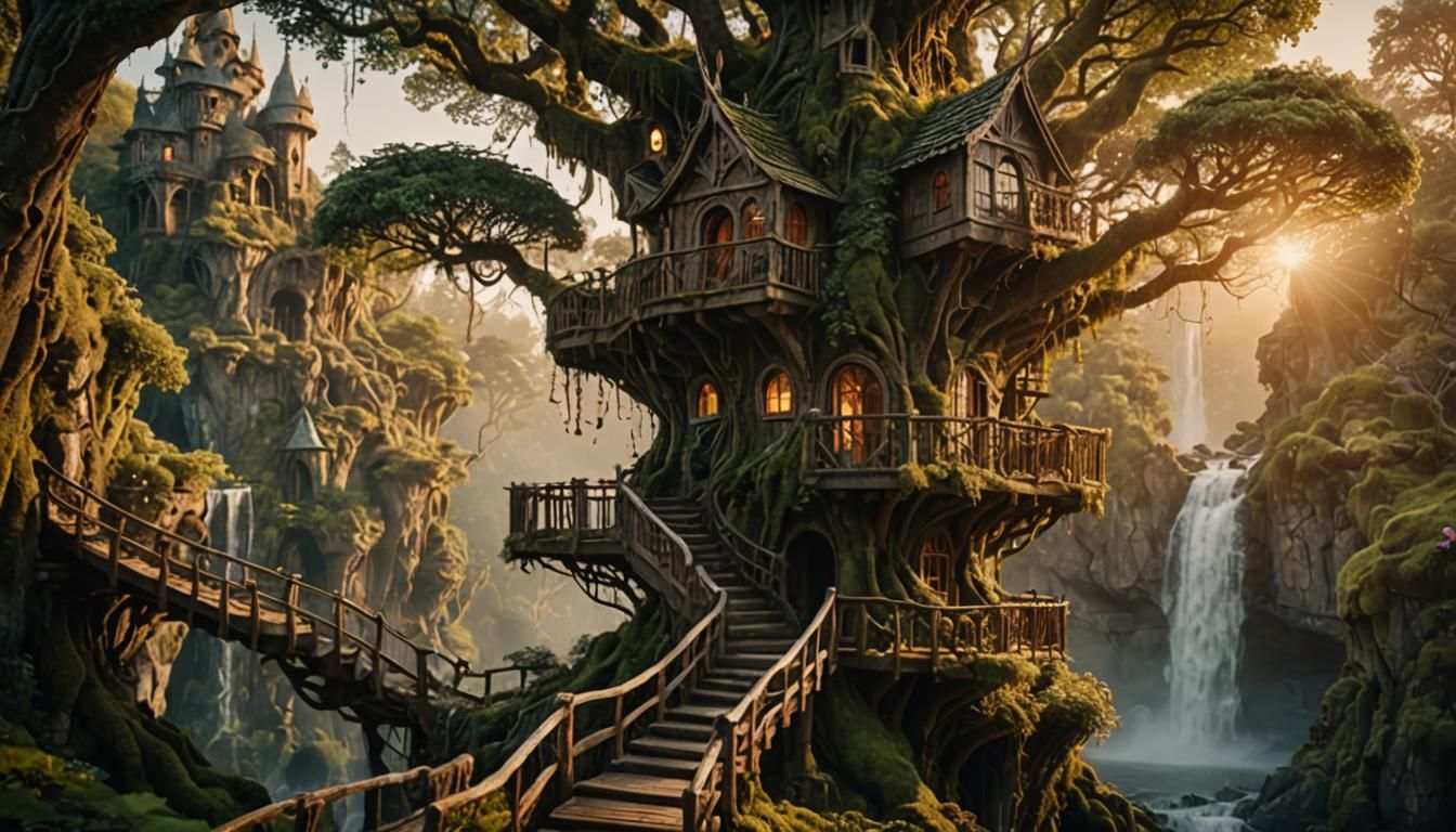 Elven Treehouse at Sunset: Fantasy Architecture in Woodlands
