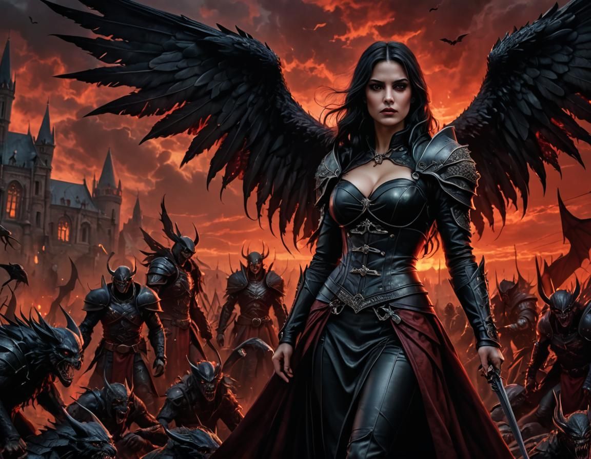 Gothic Vampire Angel in Sinister Red Sky