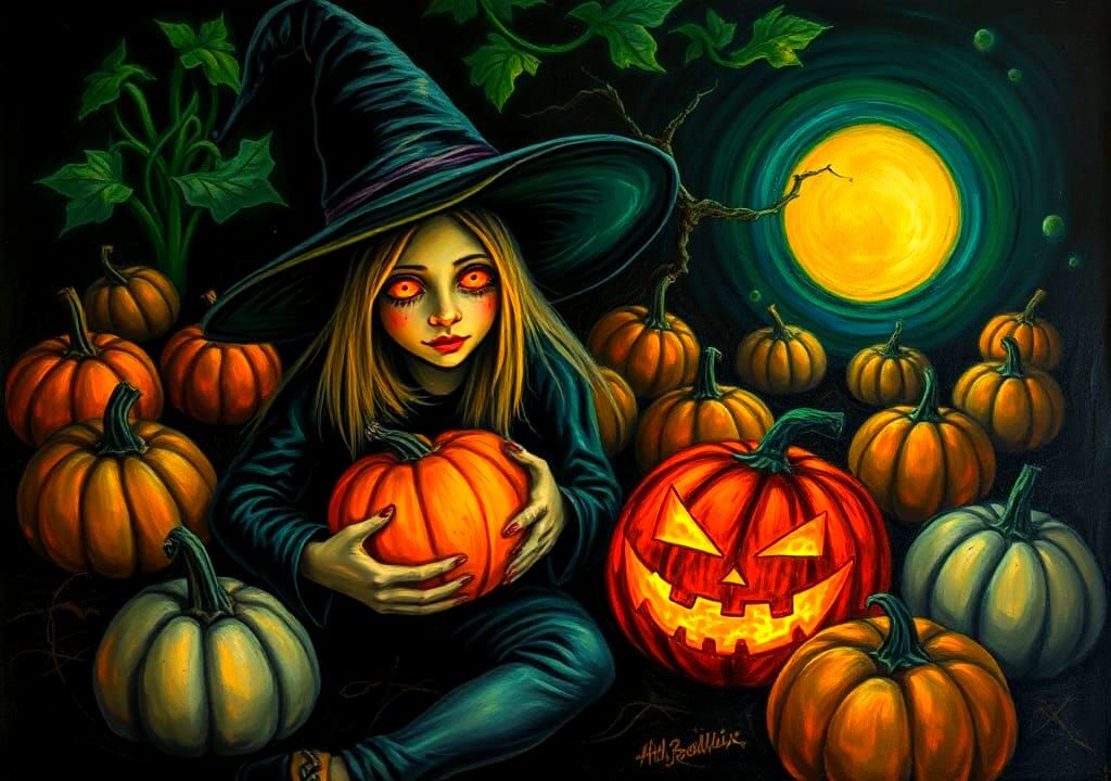 Blacklight Expressionist Witch Familiar in Pumpkin Patch