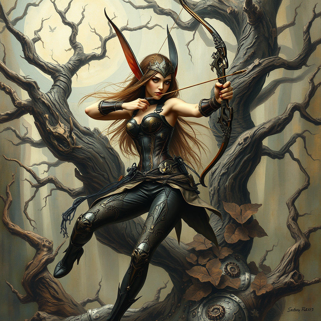 Ethereal Elf Archer in Surrealist Impasto Forest