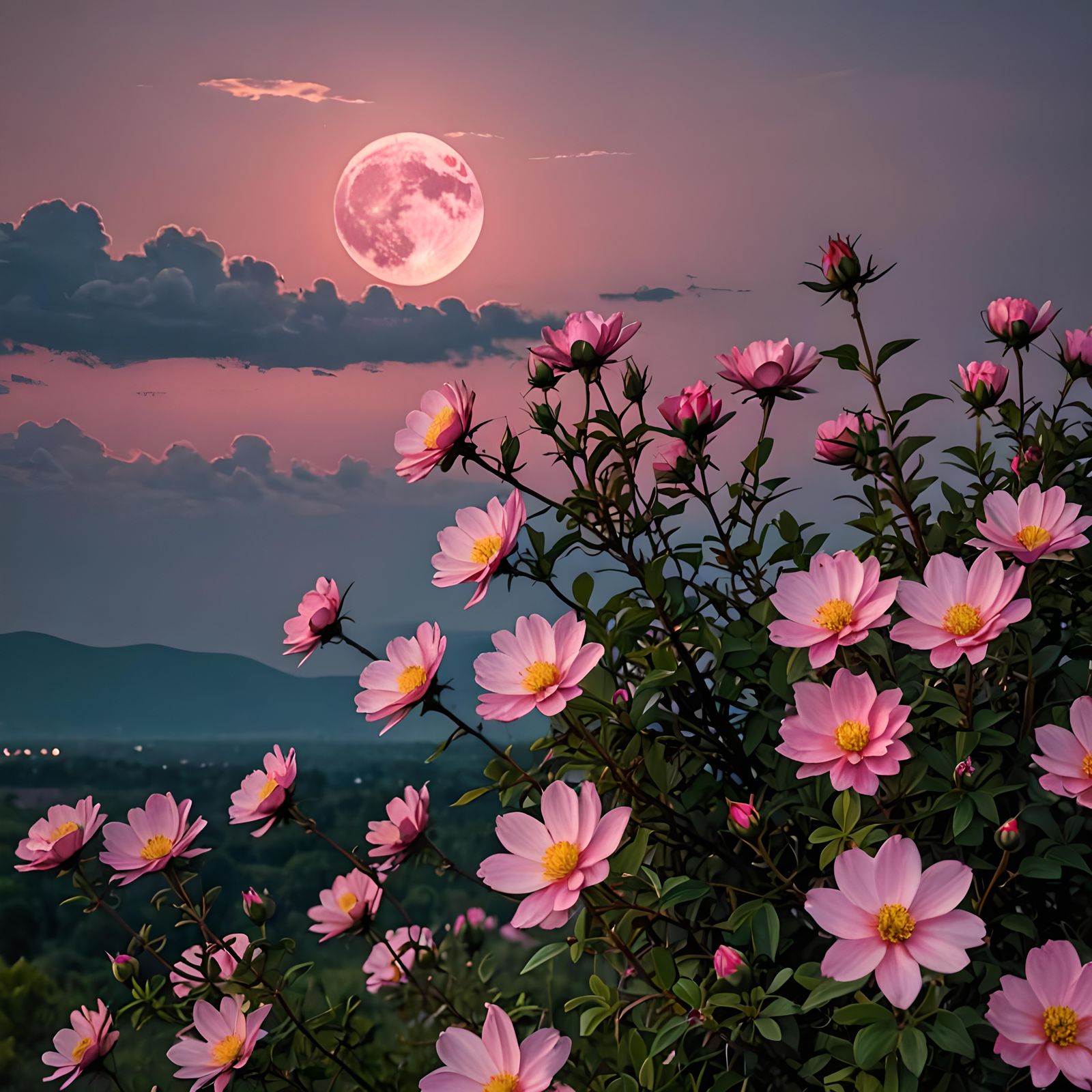 Pink Moon Sunset with Blooming Flowers