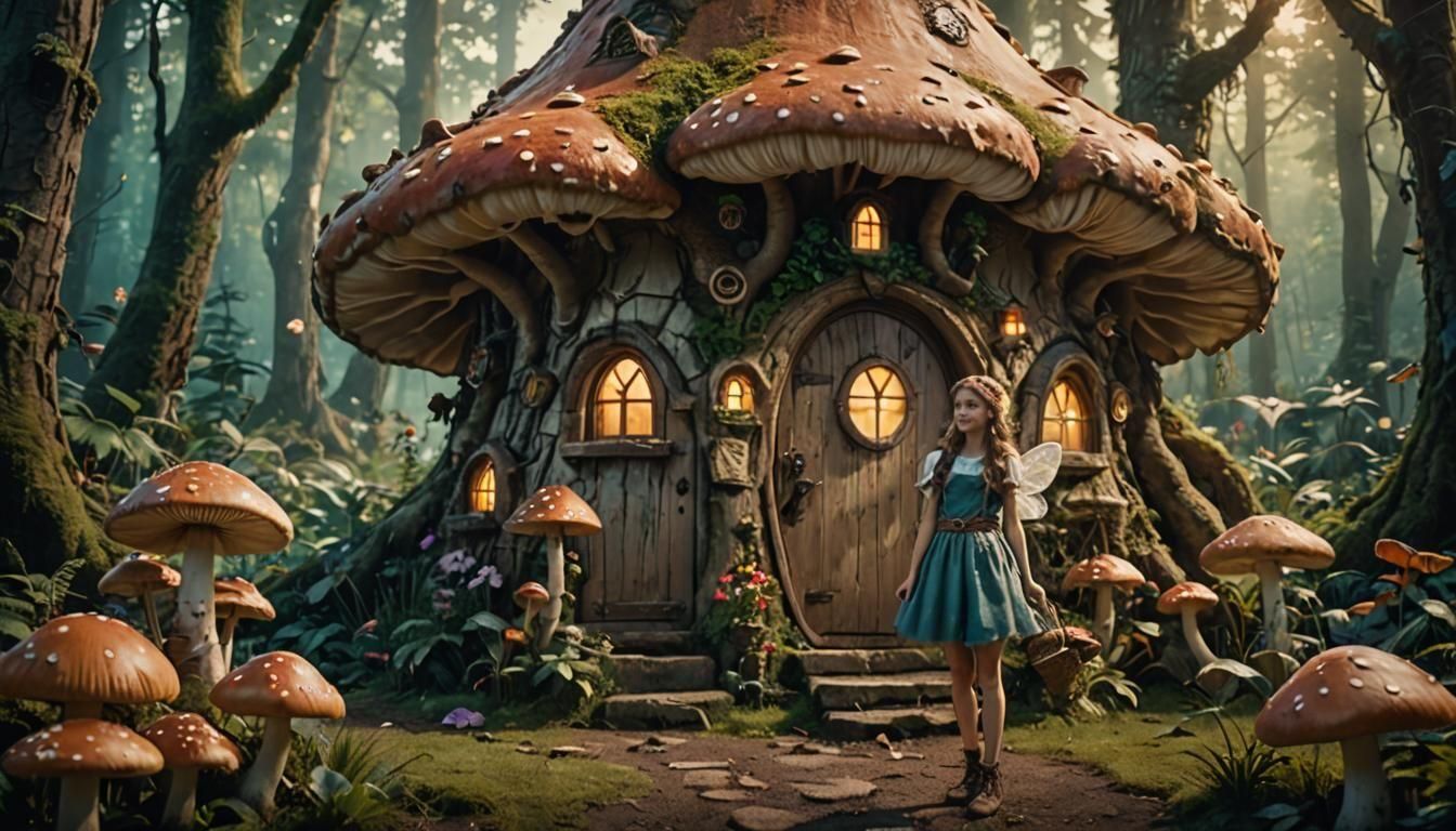 Enchanted Fairy at Mushroom House in Forest