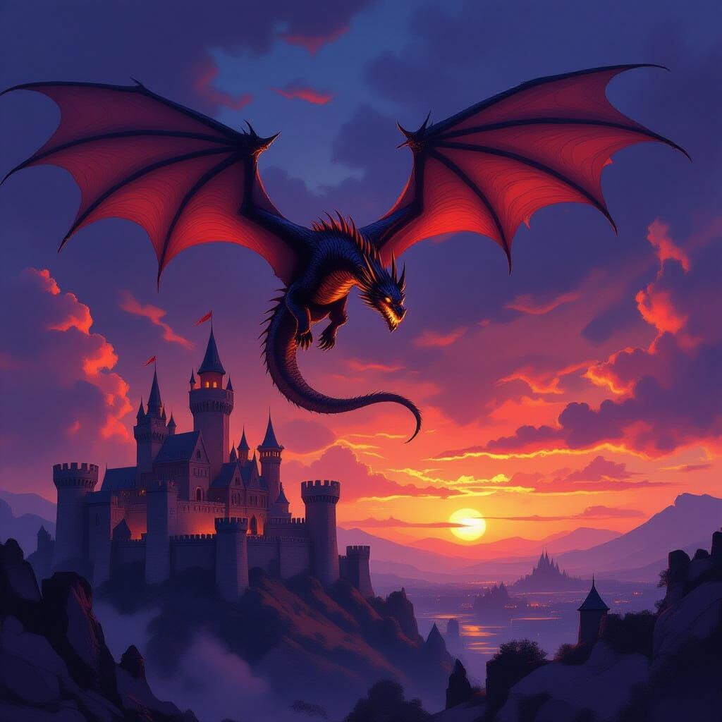 Epic Dragon Over Medieval Castle at Dusk