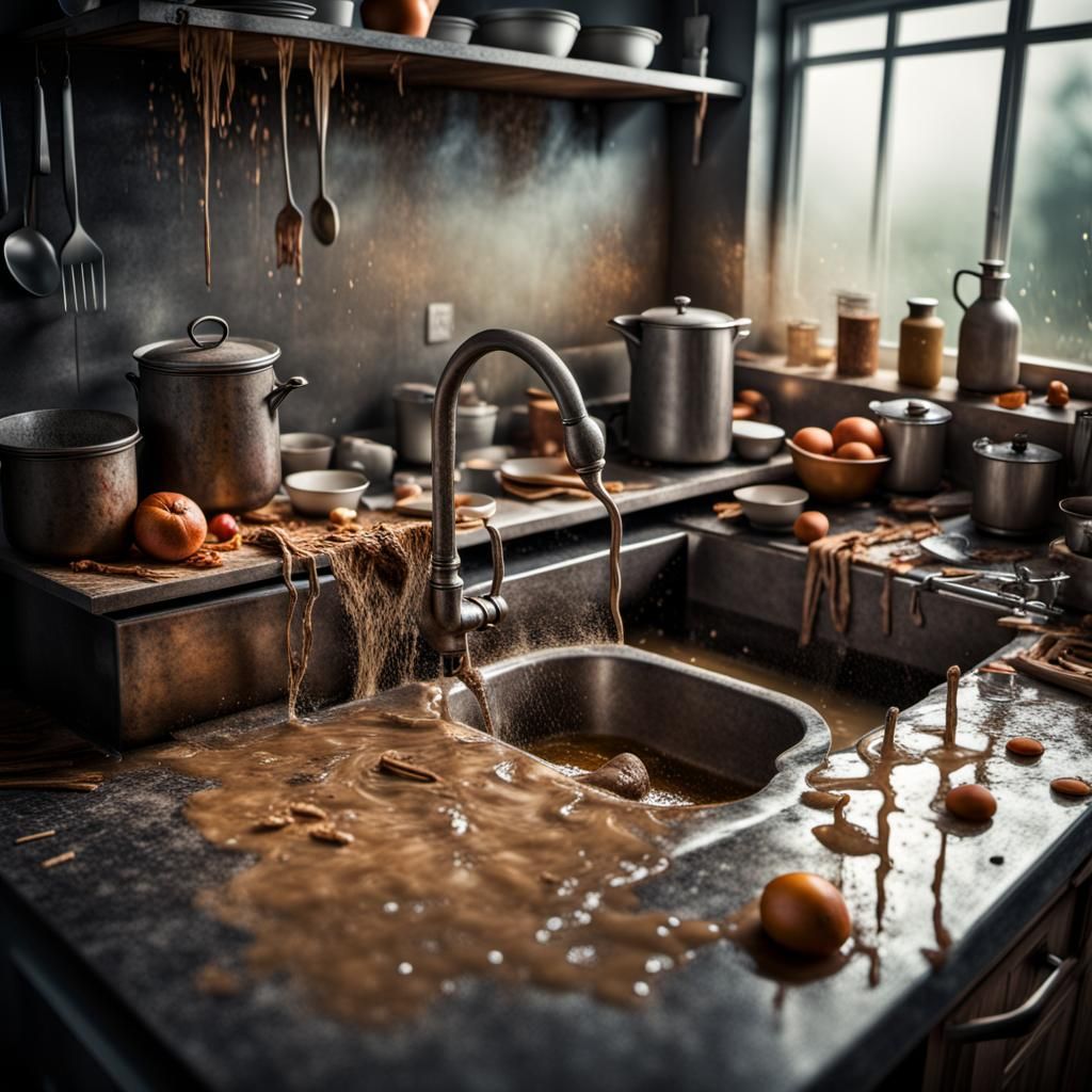 Hyperrealistic Image of a Dirty, Neglected Kitchen