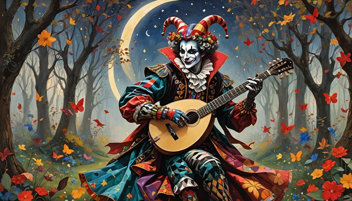 Harlequin's Serenade in Surreal Woodland