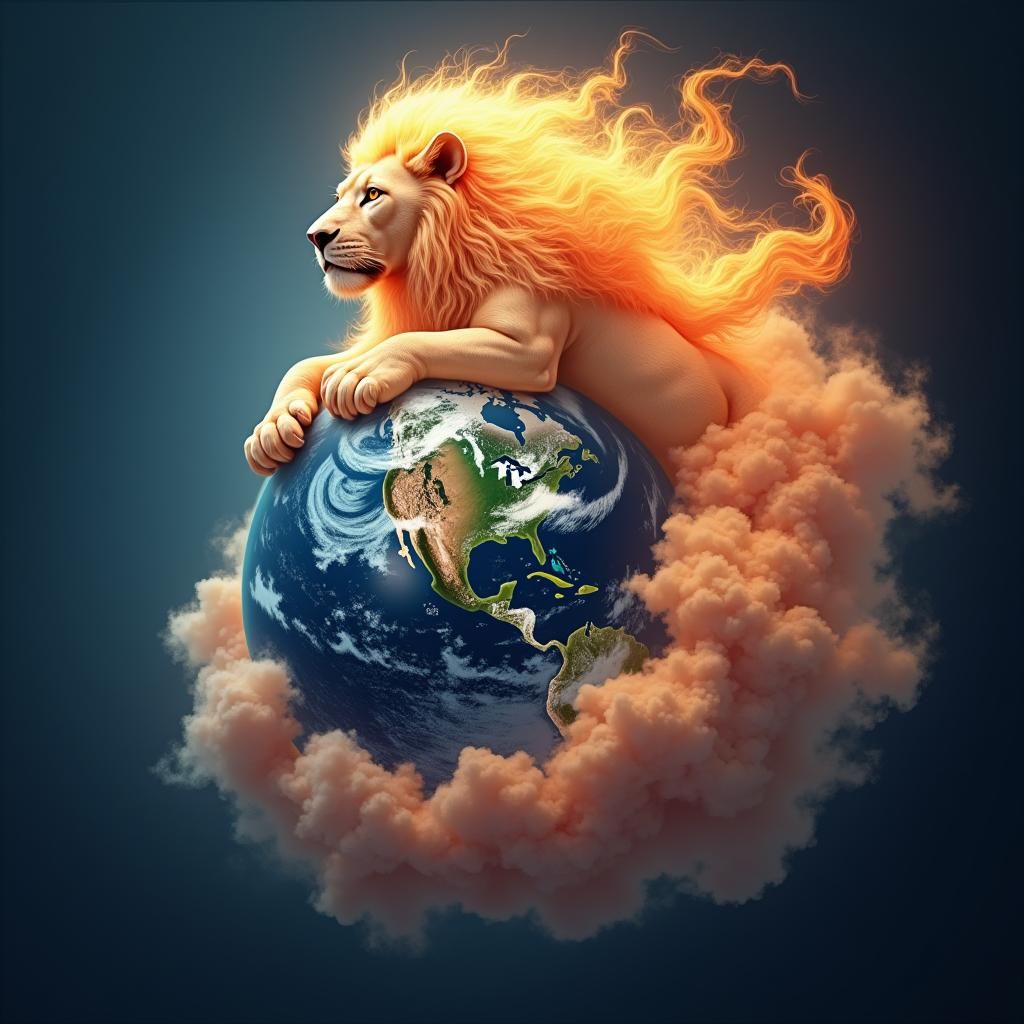 Fiery Cloud Lion Hugging Earth: Fantasy Art