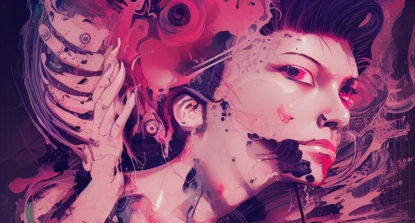 3/4 portrait neon ink alternative action model with tattoos made of Hiroaki Takahashi art ultra perfect composition 3d l...