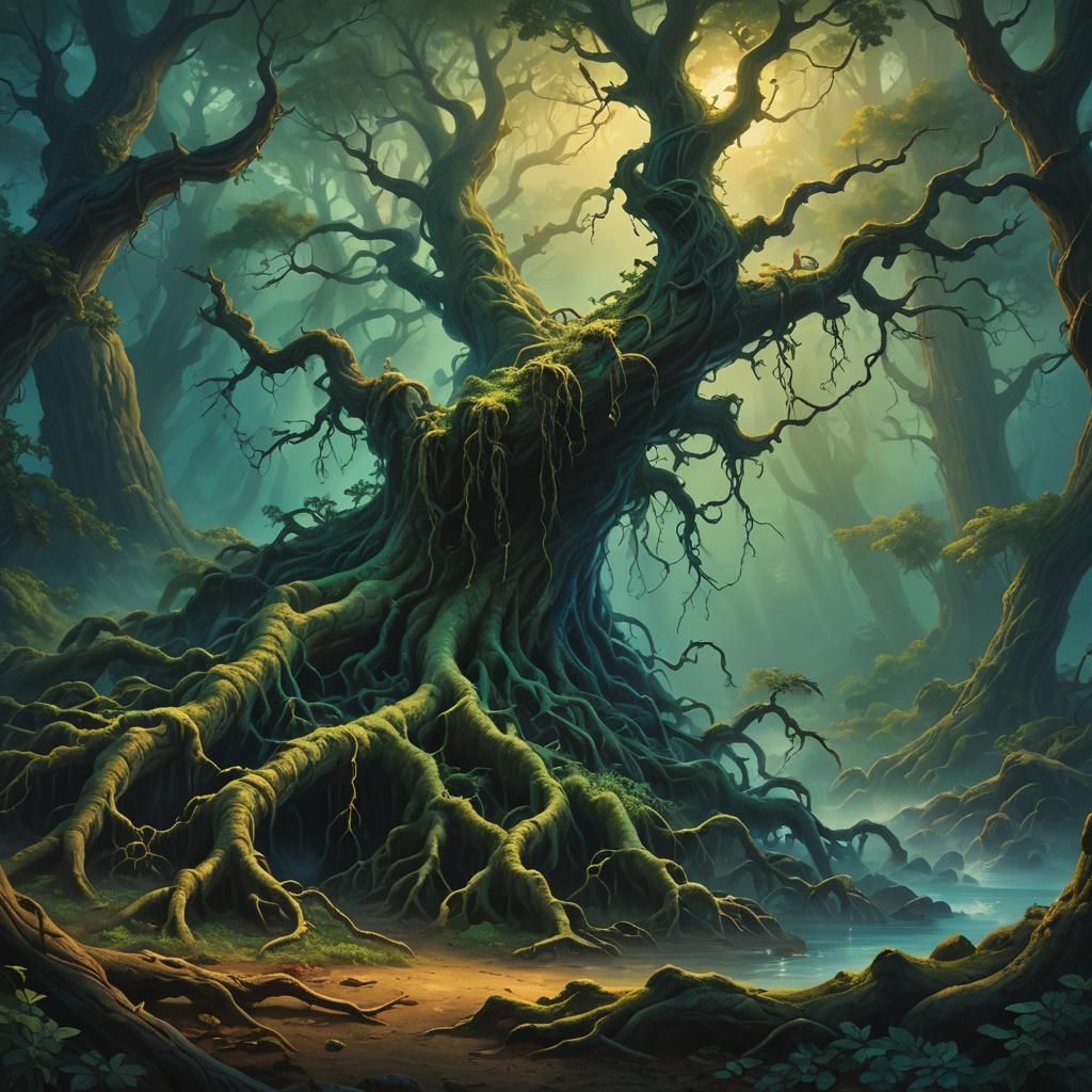 Gnarled Tree Roots Tangled with Rope Fibers