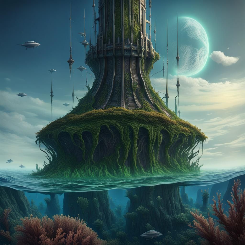 Alien Spire Rock Space Station in Dark Fantasy Style