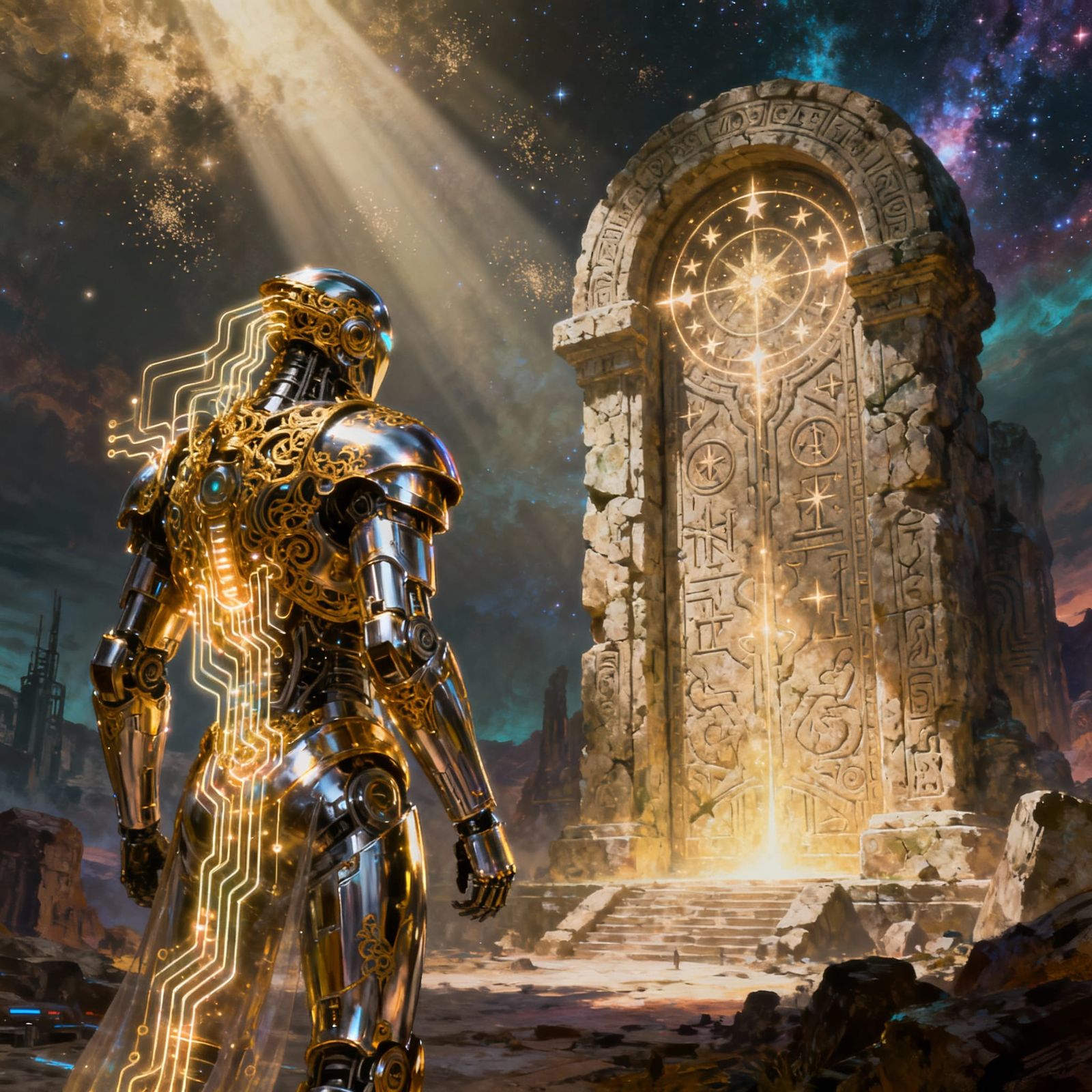 Majestic Cyborg Warrior Before Divine Gate in Painterly Styl...