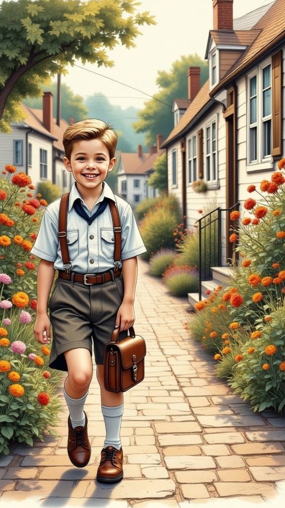 Charming Boy on Cobblestone Path in Storybook Style