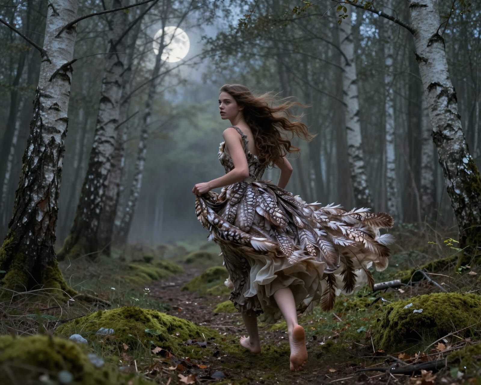 Ethereal Forest Run: Woman in Feather Gown Flees Unknown