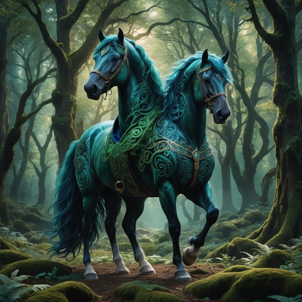 Mystical Horse with Glowing Mane in Emerald Forest