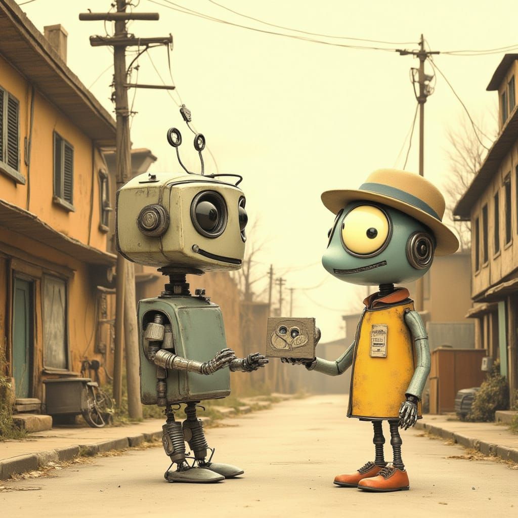 Whimsical Robot Mailman in Storybook Village