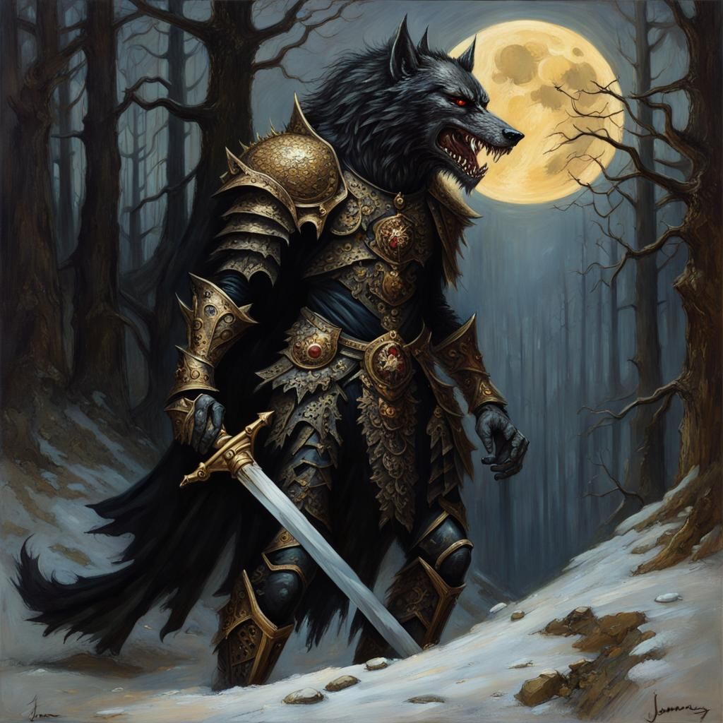 Gothic Werewolf Knight in Rotting Forest, Oil Painting