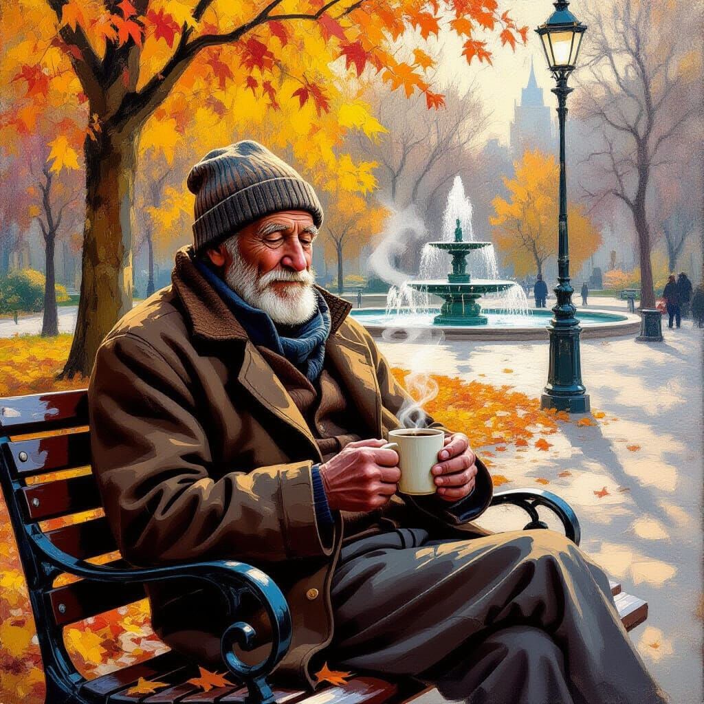 Elderly Man's Serene Portrait on Autumn Park Bench
