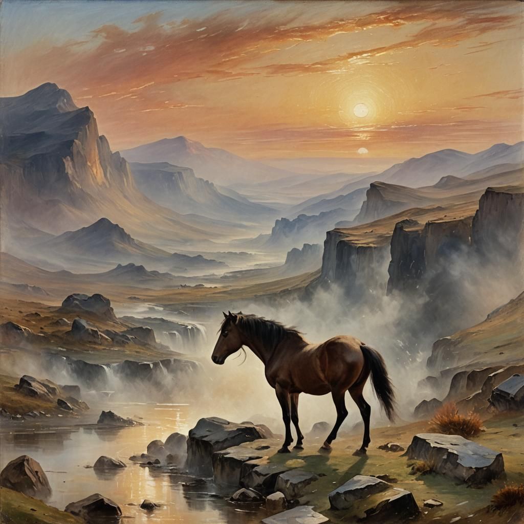 Wild Horse in Rocky Landscape: Oil Painting at Sunset