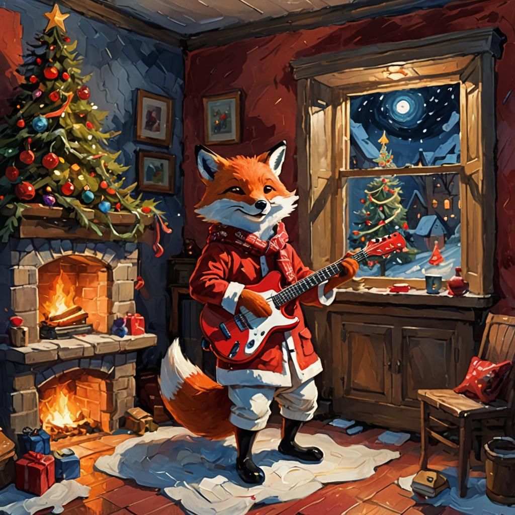 Whimsical Post-Impressionist Fox Plays Electric Guitar in Co...