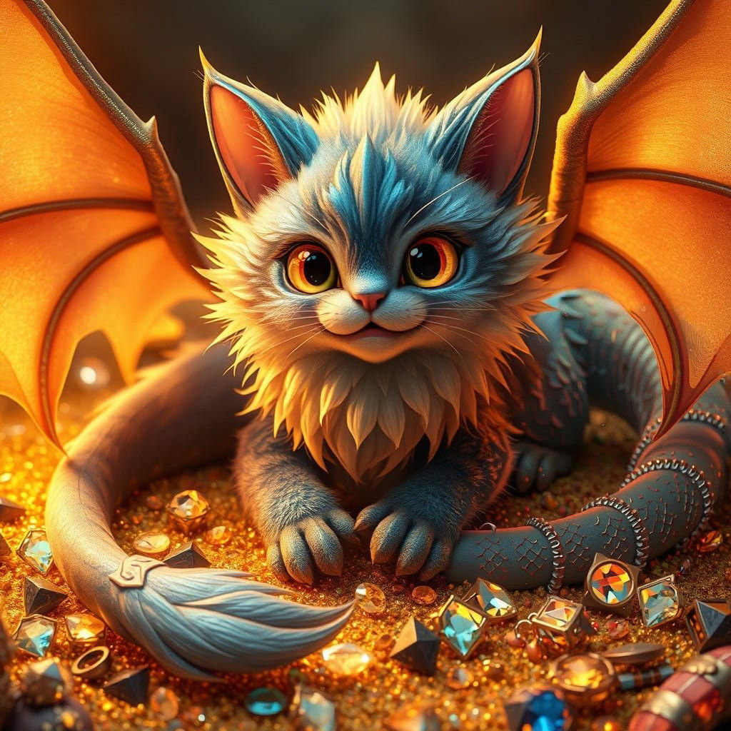 Majestic Dragon Cat Unfurls in Treasure Hoard with Iridescen...