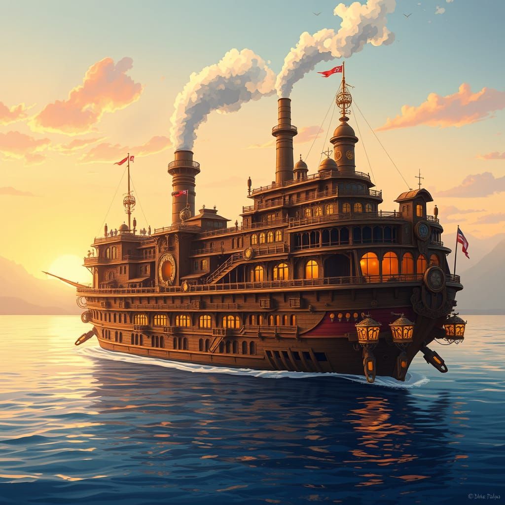 Ethereal Steampunk Fantasy Ship Sails a Sunset Sea