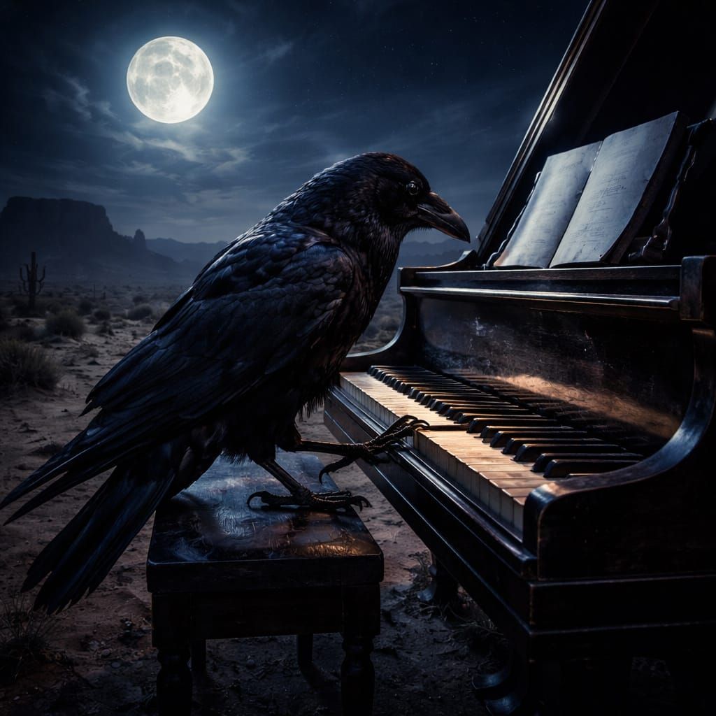 Raven Plays Piano Under Moonlight in Desert