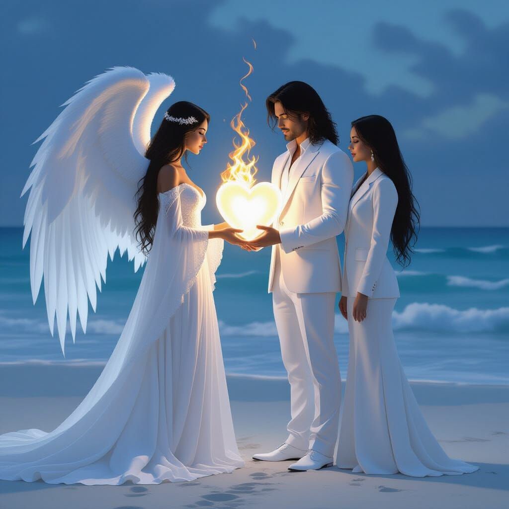 Angel with Luminous Heart on Beach, Hyperrealistic Digital A...