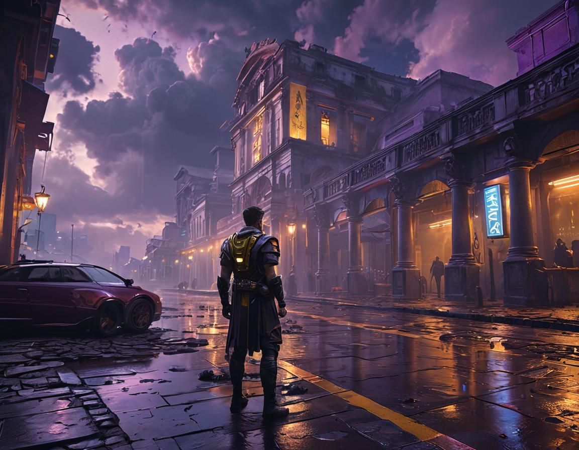 Cyberpunk Roman City with Neon Lights
