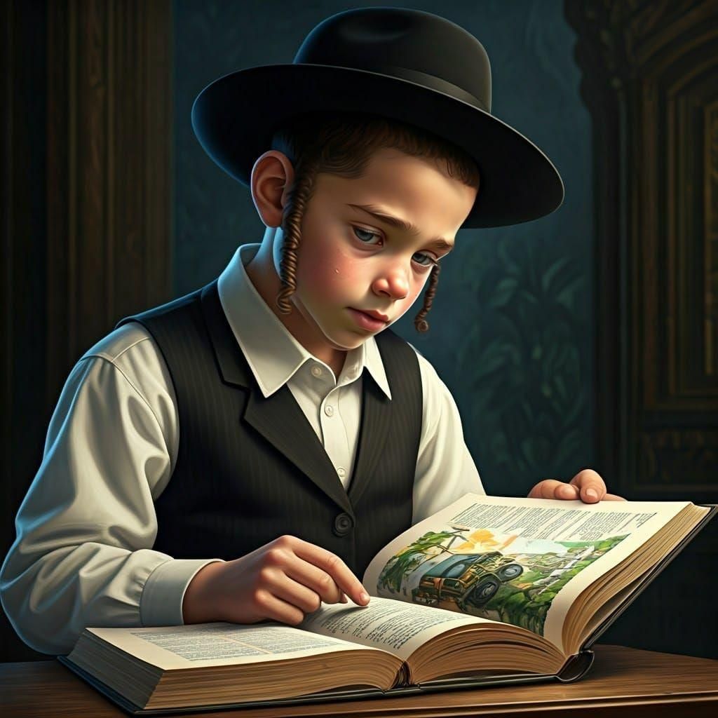 Ultra-Orthodox Boy Studying, Detailed Digital Art