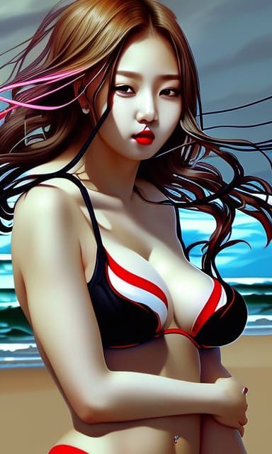 K-Pop Idol in Black Bikini: Hyperrealistic Portrait