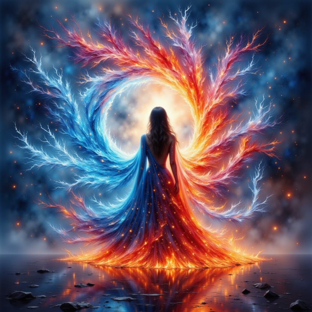 Woman Amidst Fire and Ice Convergence