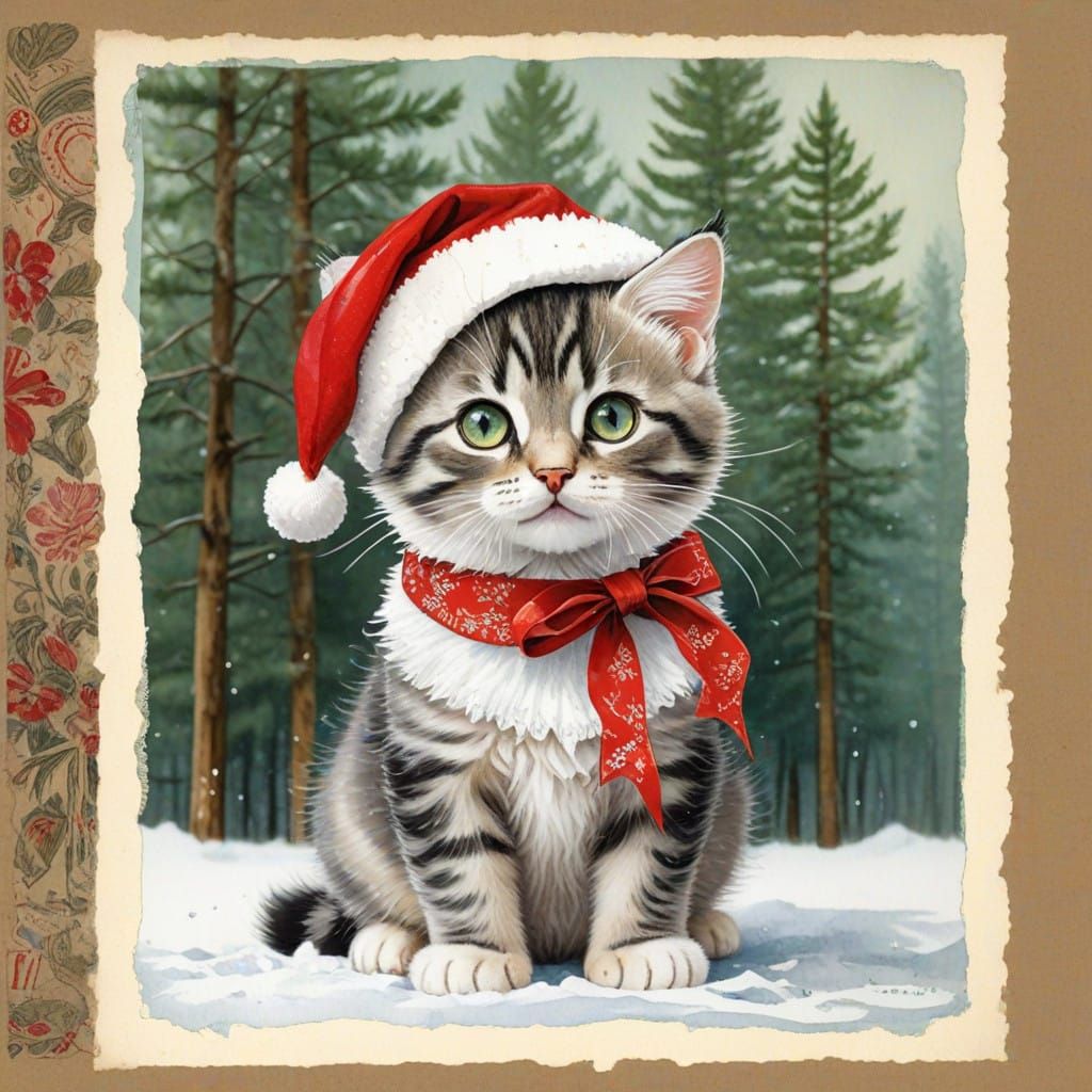 Vibrant 1950s-Style Christmas Scene with Chibi Cat and Winte...