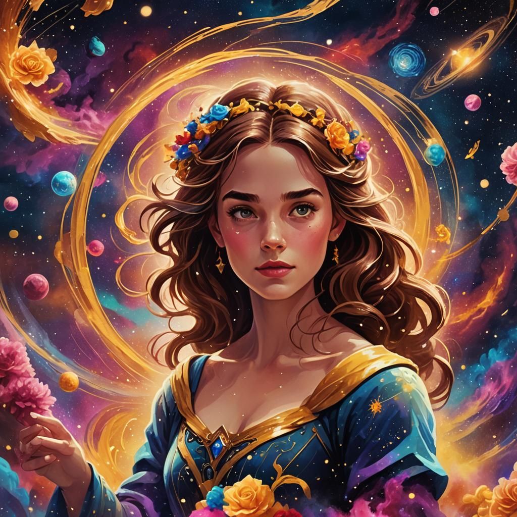 Belle in Astral Realm: Cosmic Mixed Media Illustration