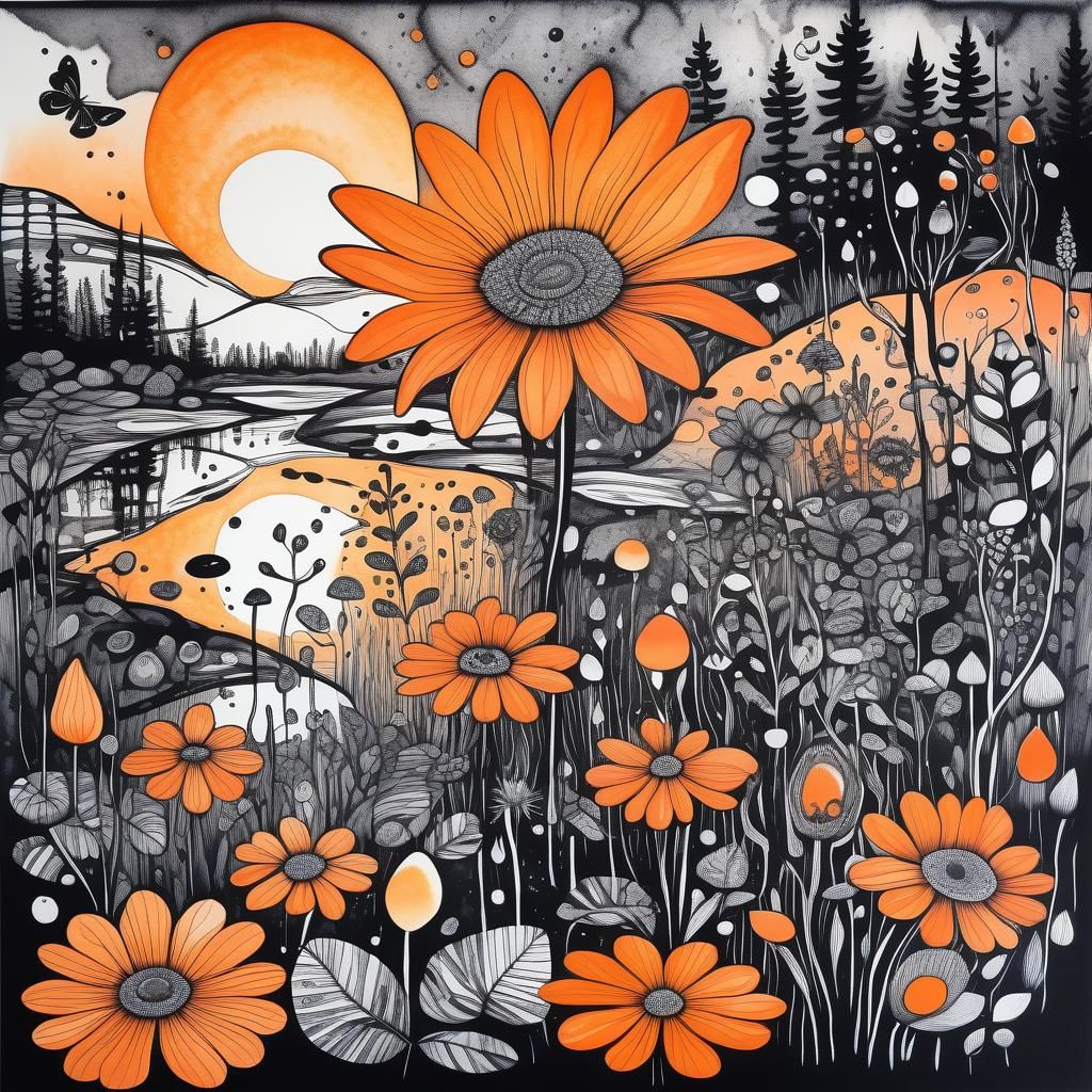 double exposure, thick dropplets black ink drawing of flowers in forest, botanical garden in sunset with wild nordic ani...