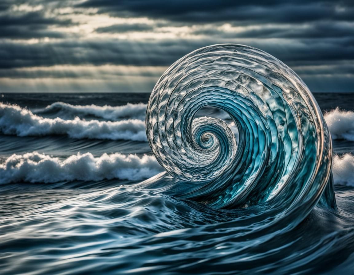 Hyperrealistic Spiral Water Sculpture on Ocean Waves