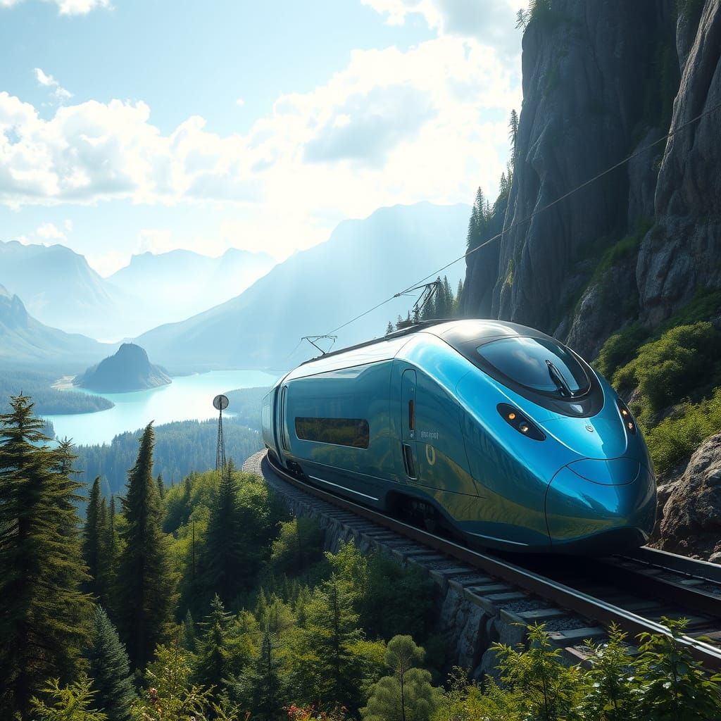 Sleek Futuristic Train Speeds Through Serene Nature
