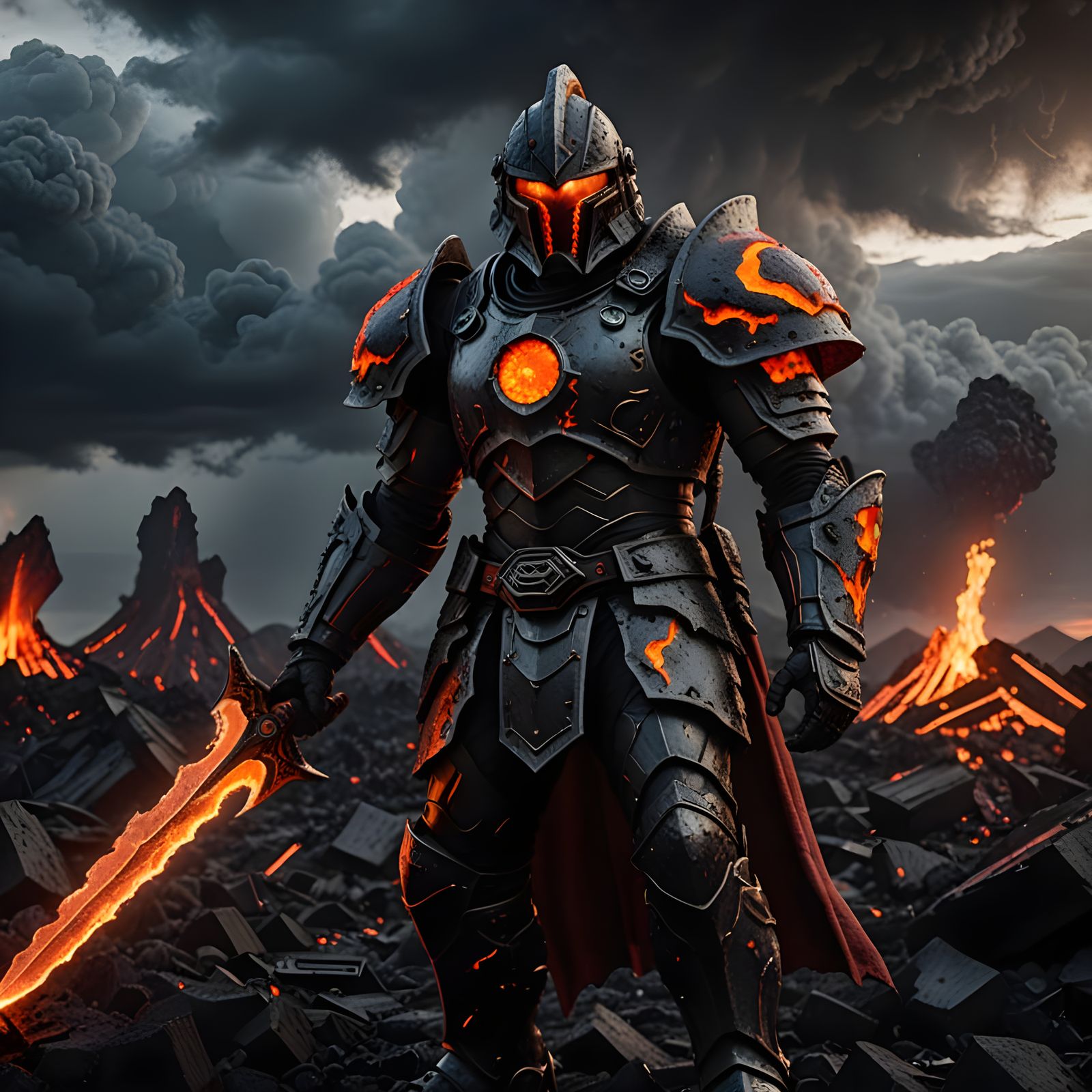 Dark Fantasy Magma Knight in Ruined Landscape