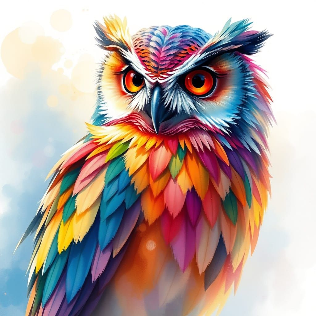 Rainbow Owl Watercolor Painting with Visible Brushstrokes