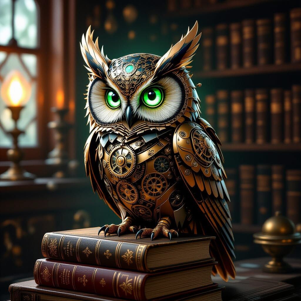 Steampunk Clockwork Owl on Books