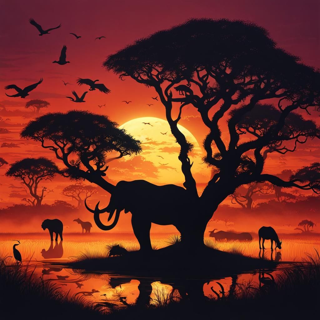 Savannah Sunset Wildlife Silhouettes in Detailed Matte Paint...