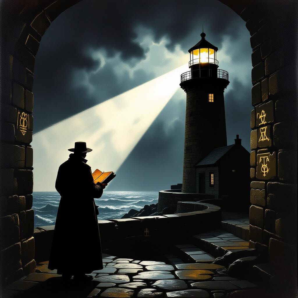 Lighthouse Keeper's Solitude Amidst Stormy Sea