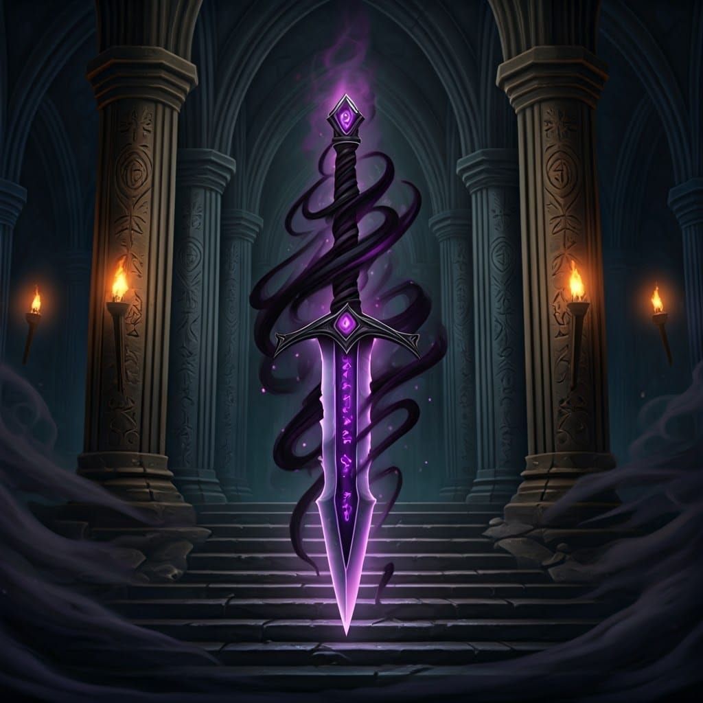 Ethereal Shadow Sword in Dark, Mystical Crypt