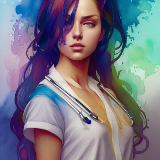 Watercolor Portrait of a Nurse in Art Nouveau Style