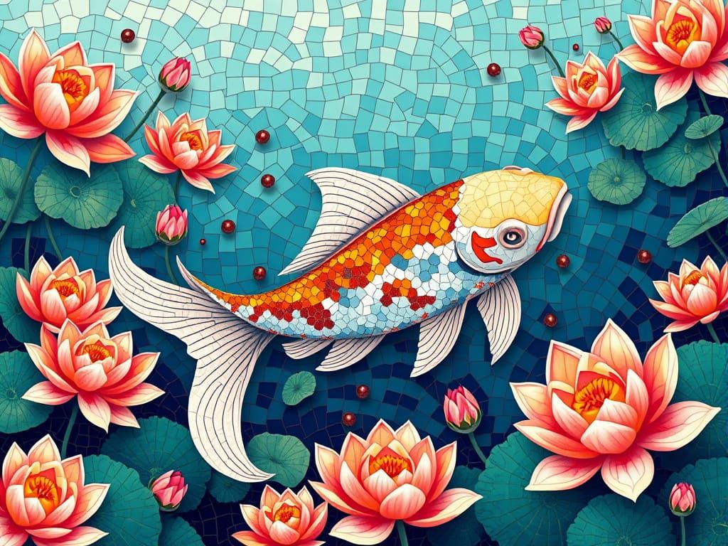 Koi Fish Mosaic in Underwater Lotus Garden