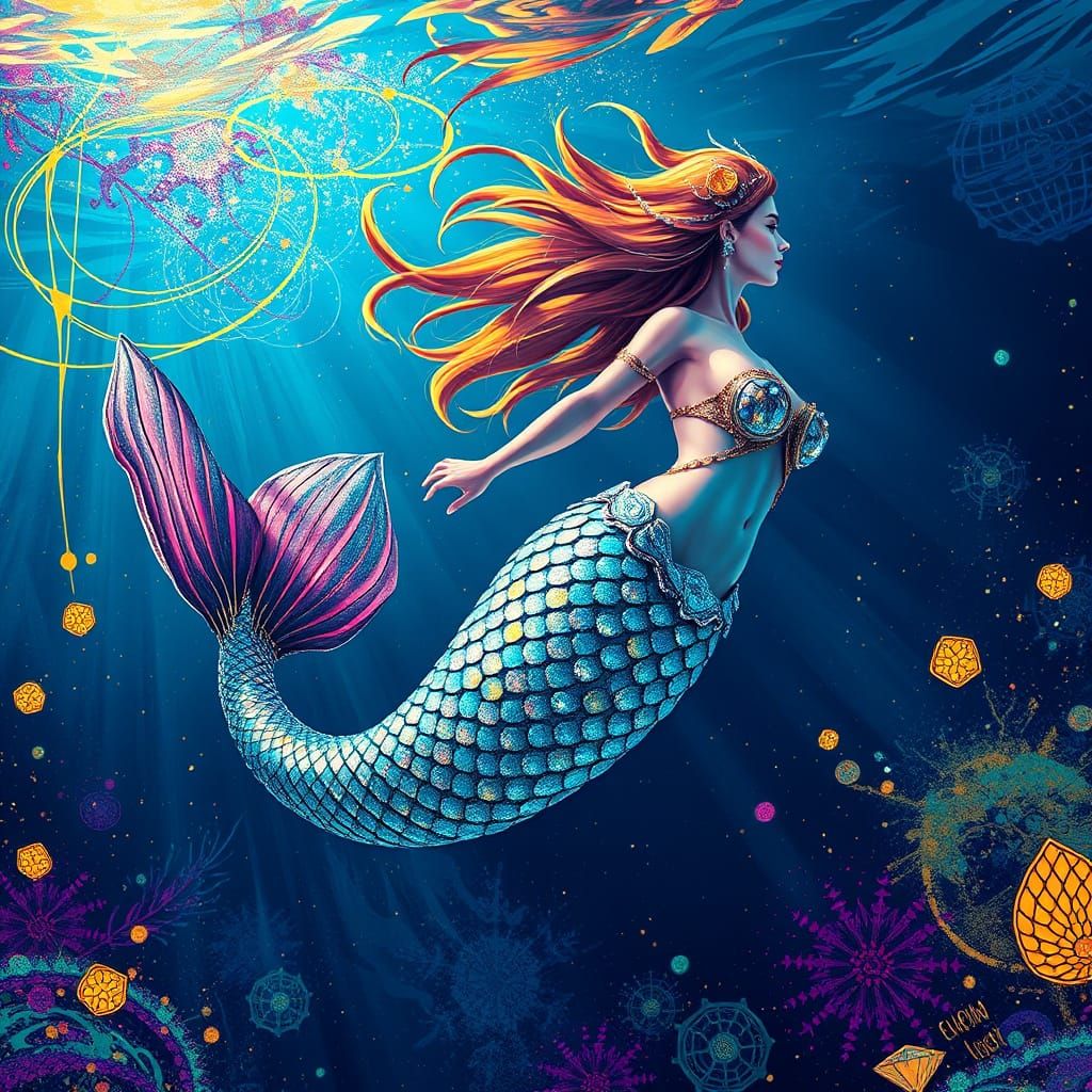 Mermaid Dives in Ocean Depths, Shimmering in Iridescent Scal...