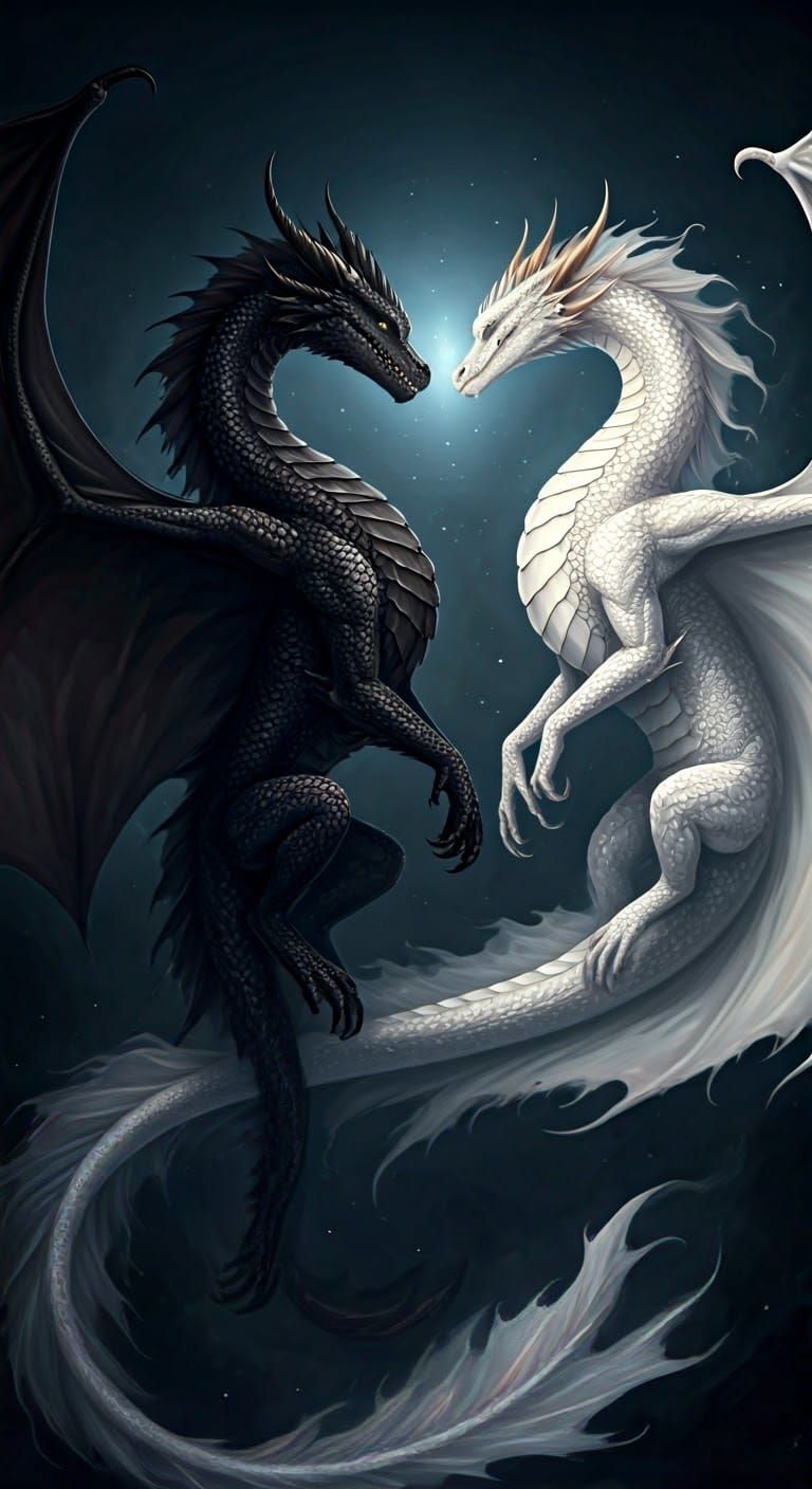 Yin and Yang: Black and White Dragons in Flight