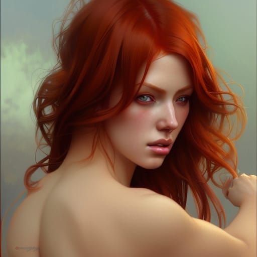 Redhead Bombshell Rear View in Hyperdetailed Style