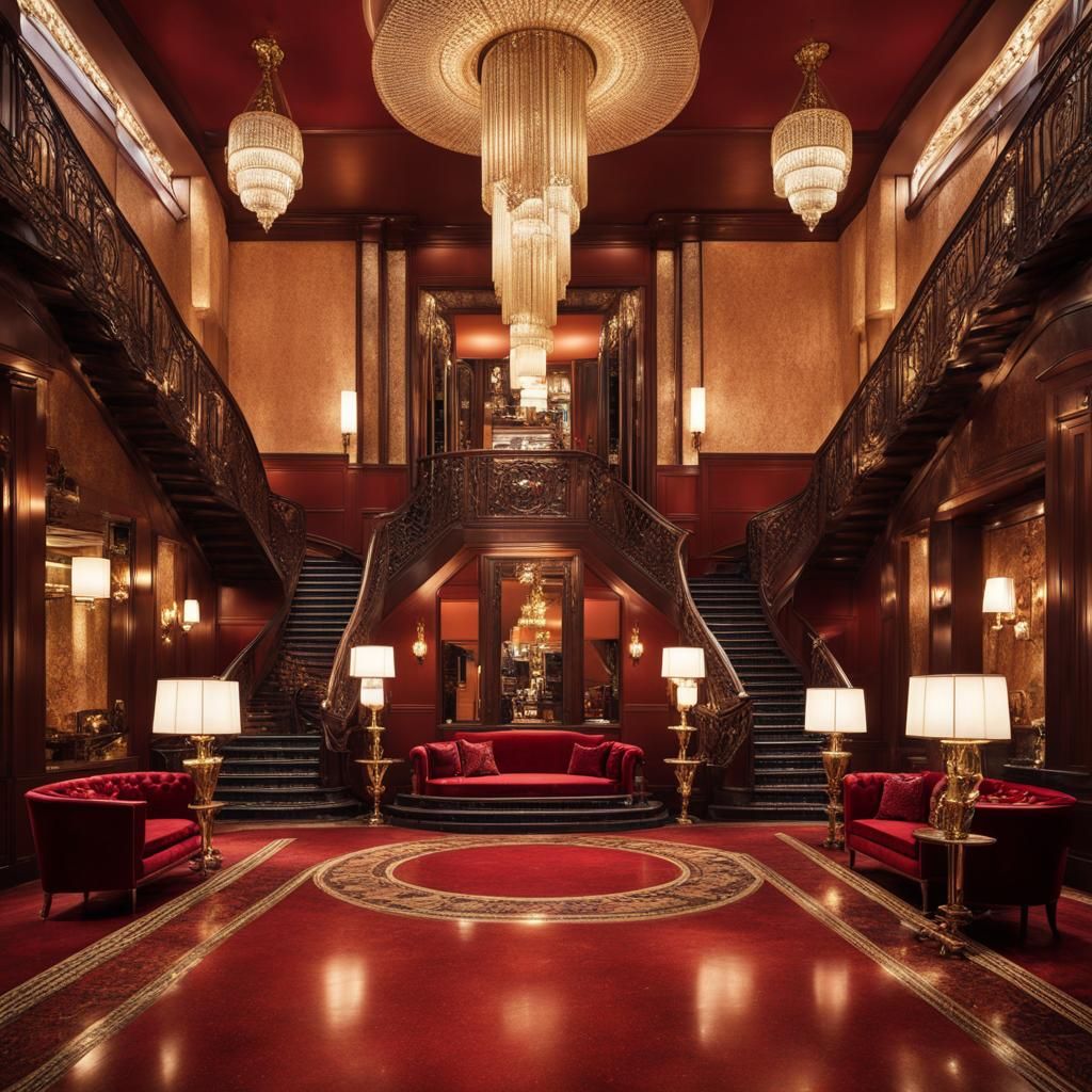 fancy hotel lobby in luxury bronze and red and in classy Art...
